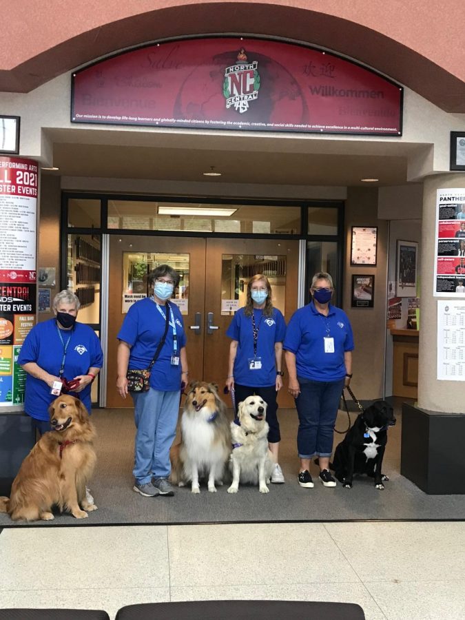 Love on a Leash dog handlers pose with their well trained therapy dogs before entering the school. The dogs are going to visit classrooms and comfort students. 