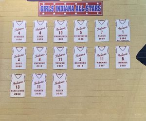 NCs Girls Indiana All-Star banners hang in the gym.