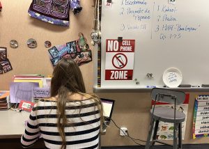 "No cell phone zone" signs decorate teachers' classrooms. The new cell phone policy was implemented at the start of the school year. 