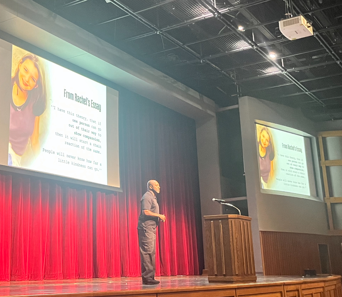 JB Braden talks with seniors about the five stages of Rachel's Challenge. He challenged students to apply those stages it their lives in and out of school