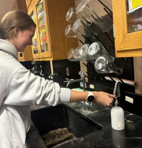 Junior Julia Eynon stays safe by washing her hands. Washing hands is one way students can protect themselves from seasonal illnesses.
