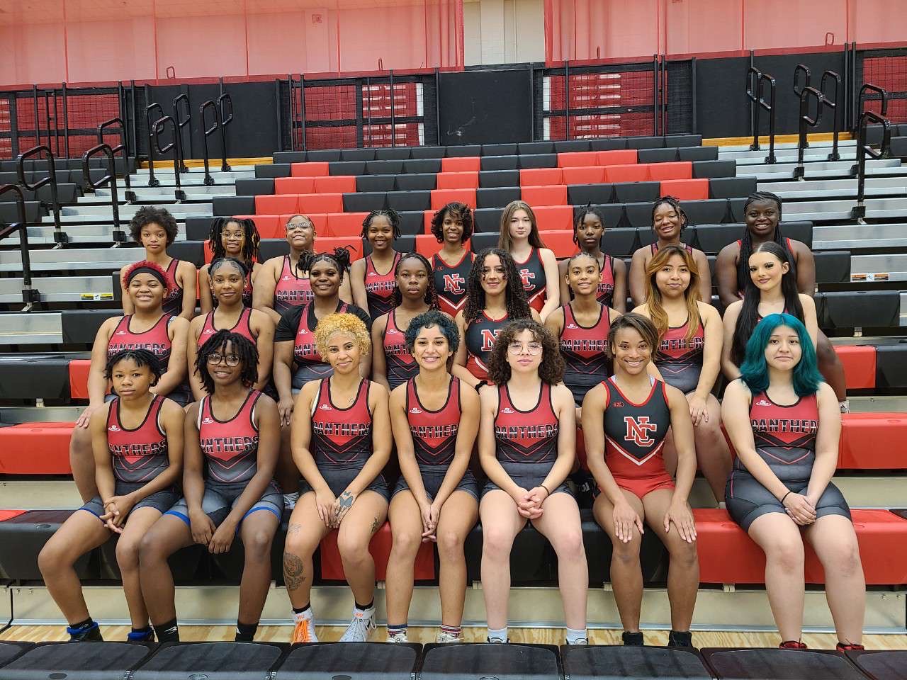 Girls wrestling sits for their team yearbook photo. They've completed the first half of their season and play this Saturday at Ben Davis.