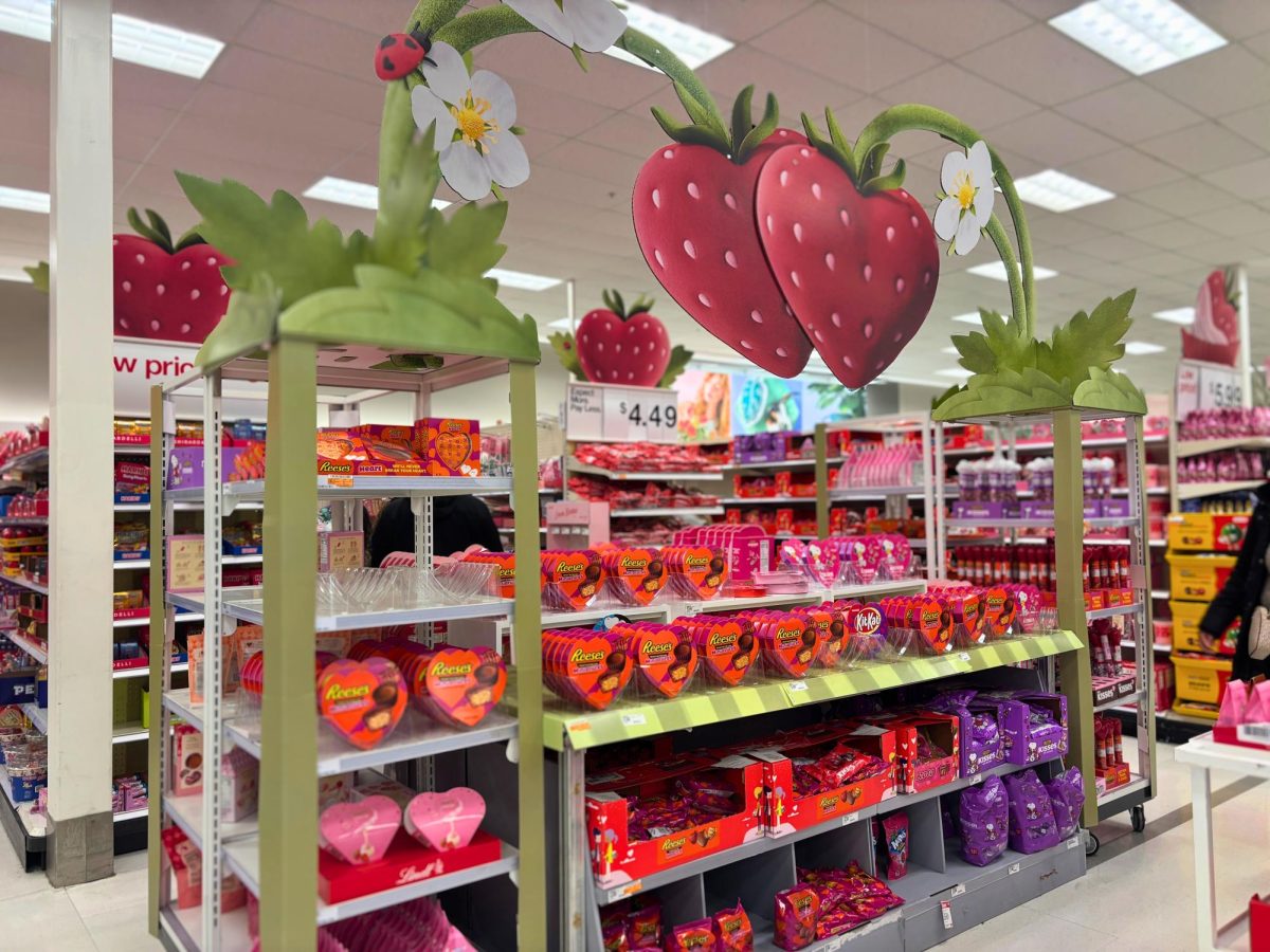 Target displays a Valentine’s Day section throughout February. The display attracted consumers to buy Valentine's-themed treats and gifts.