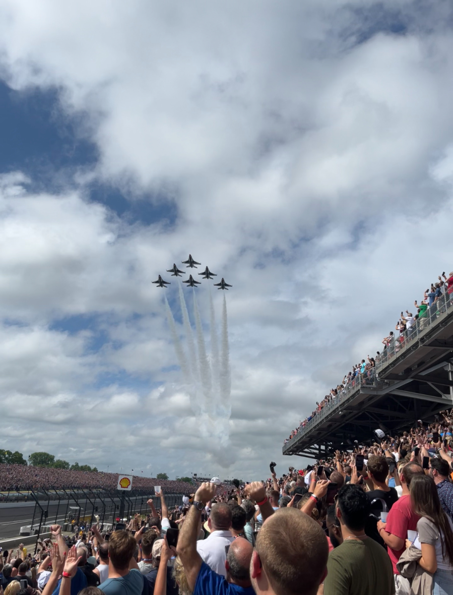 The U.S. Air Force Thunderbirds fly at the 2024 Indianapolis 500. The flyover is one of many parts of the opening ceremony to the race.
