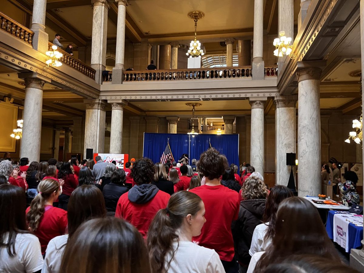 Advocacy Day attendees gather in the State House. Danyette Smith, Andrea Hunley, Angela Ferrell-Zabala and Cade Smithson spoke at the event.