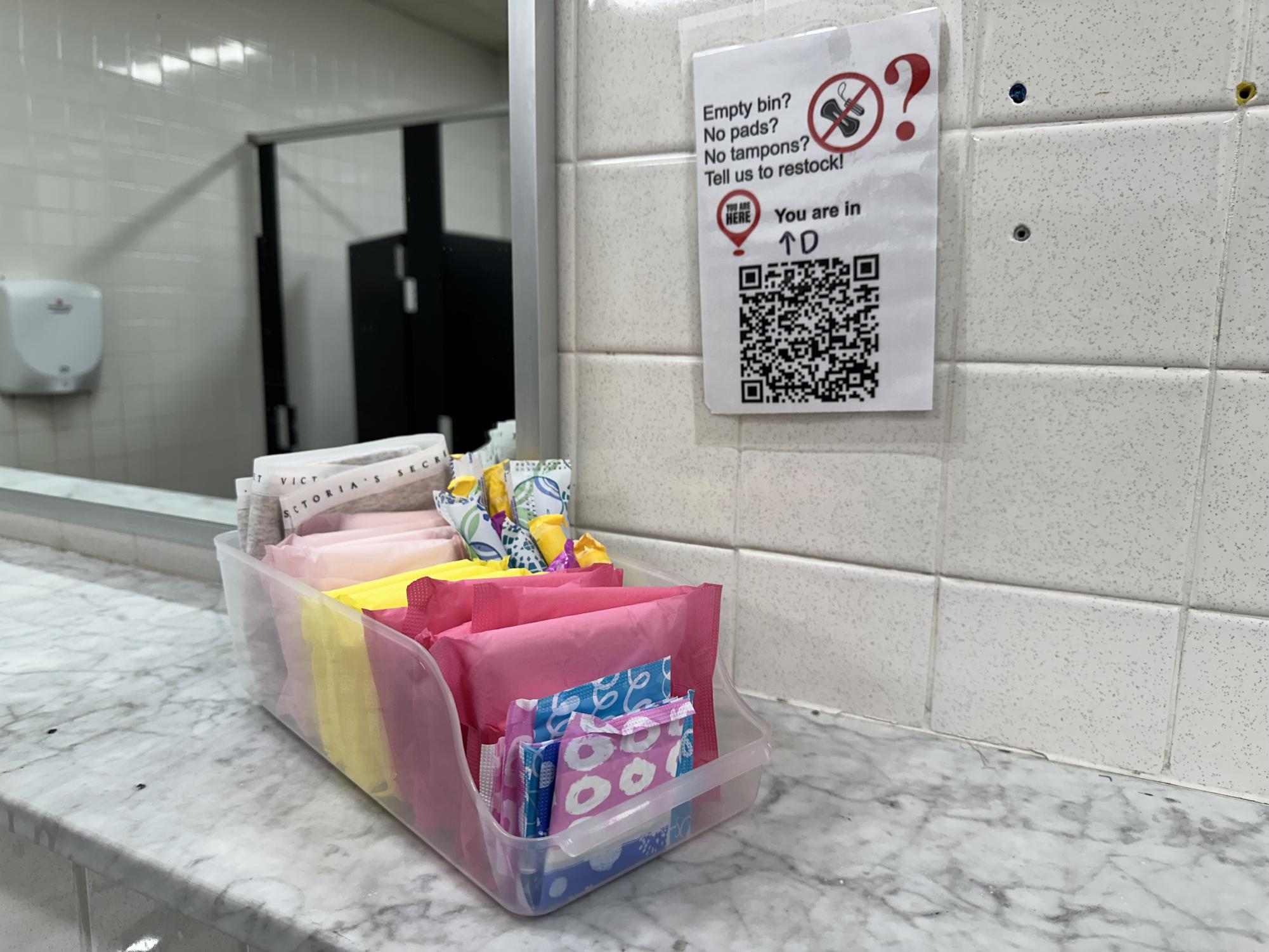 Period produces are found on the counter of each girls bathroom. They are replenished by the class councils when the products run low.