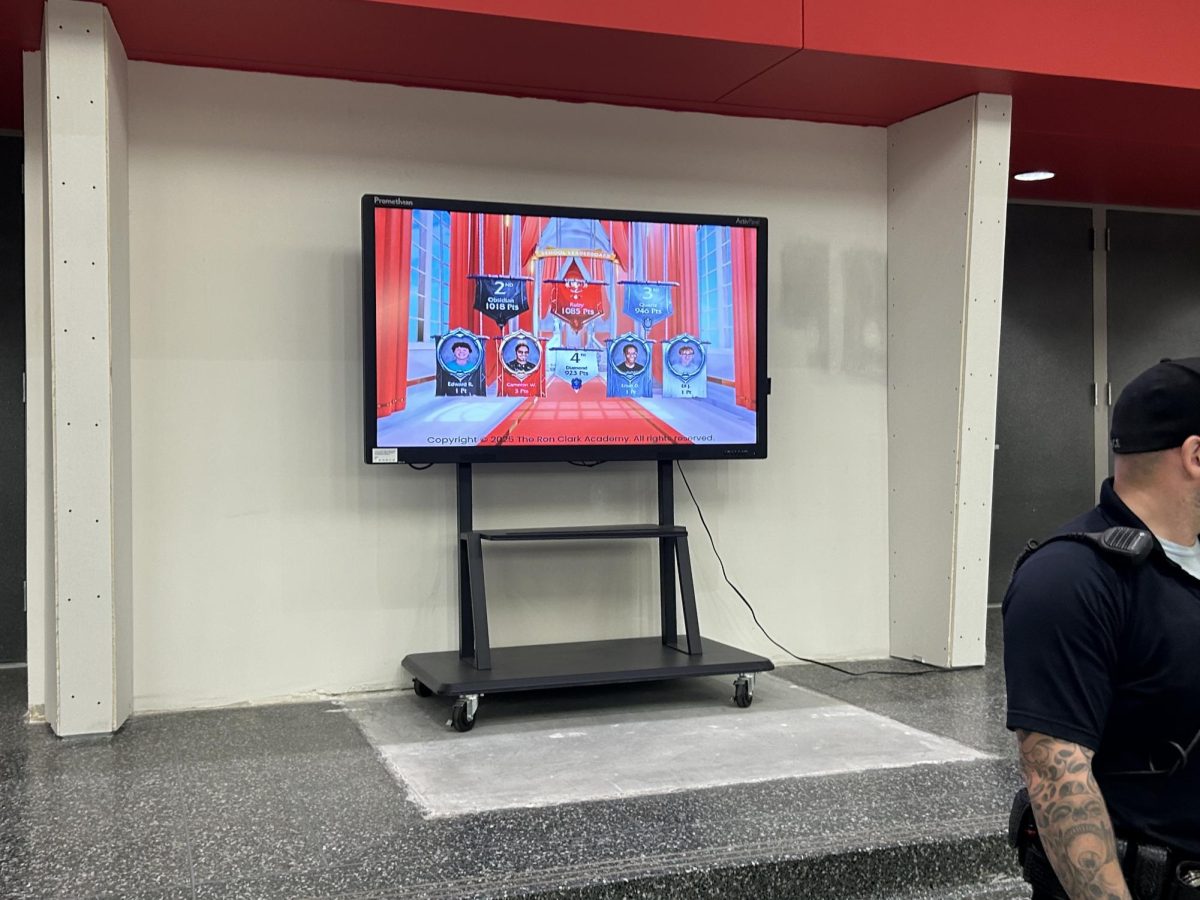 Tv in cafeteria displaying house points. 