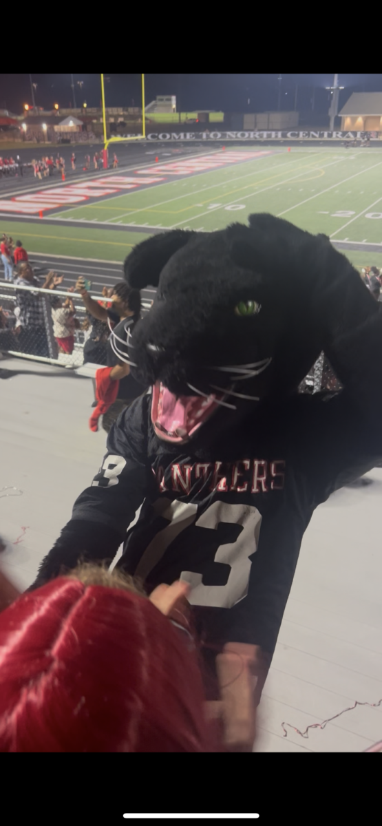 Mascot jumps on railing to hype up student section.
