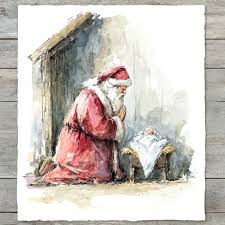 Artistic rendering of Santa praying to baby Jesus.