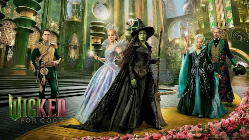 The main characters on the Wicked: For Good movie poster, standing in Emerald City.