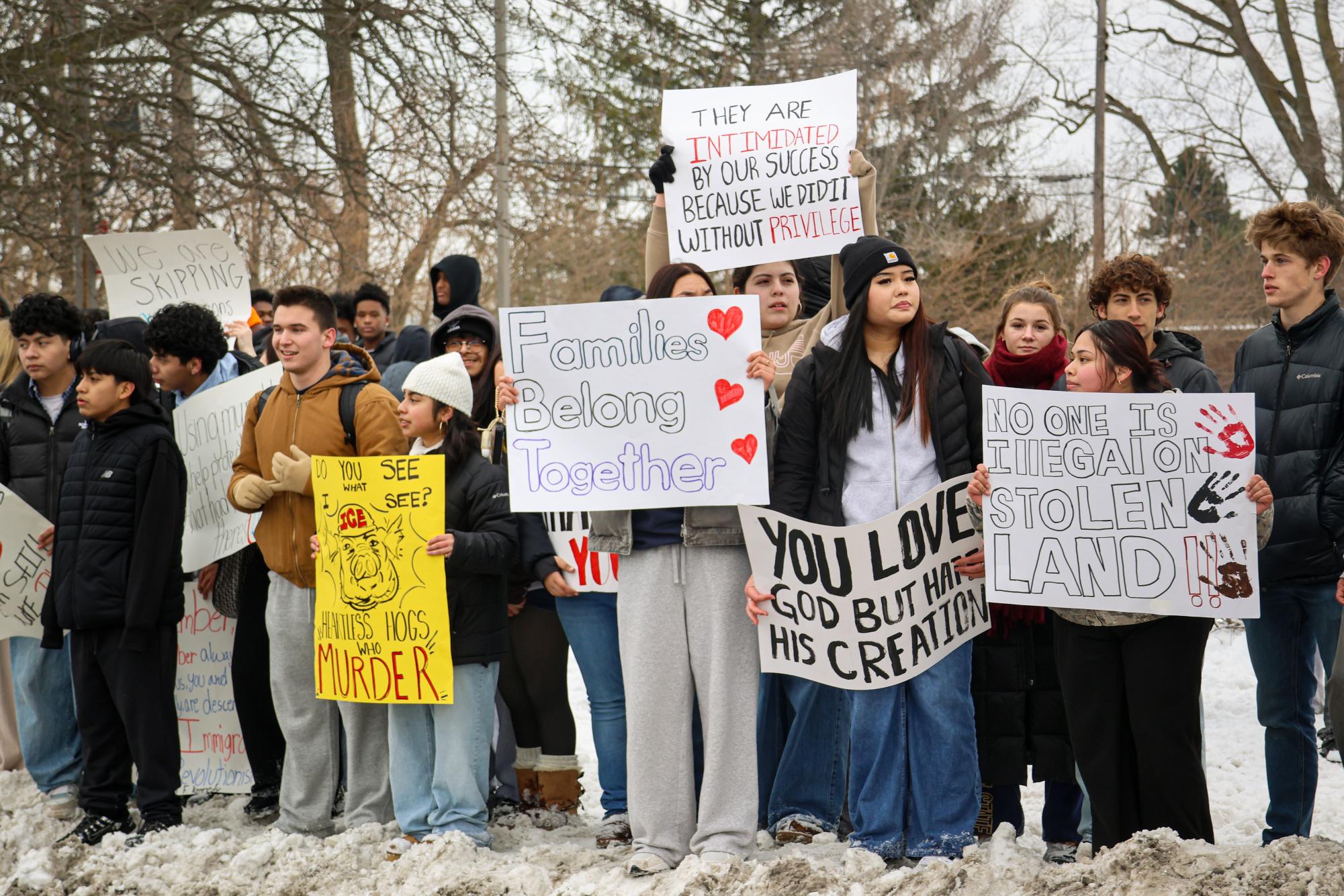 Hundreds of students line 86th street donning signs, flags and winter wear. Organized by YDSA, students were inspired to speak out following the fatal ICE shootings in Minnesota.